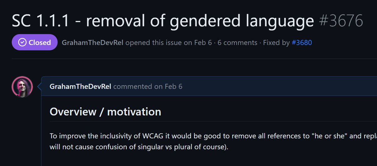 Nice that my first issue on WCAG 2.2 got fixed and merged! 

We actually changed any gendered language to gender-neutral language across the entirety of WCAG 2.2 in the end💪🏼💗