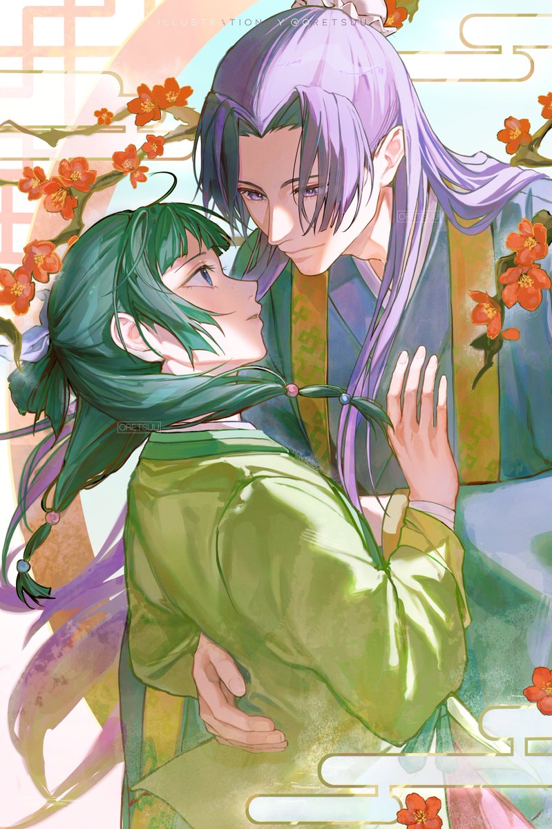 chinese clothes flower 1girl green hair 1boy long sleeves long hair  illustration images