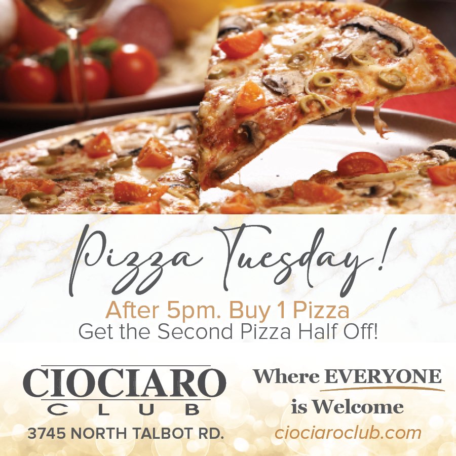 It’s Tuesday! That means it is buy one, get one half off pizza at Ciociaro Club of Windsor Inc. See our full pizza menu here ciociaroclub.com/dining-83/rest… 3745 North Talbot Rd. #whereeveryoneiswelcome #ciociaroclub