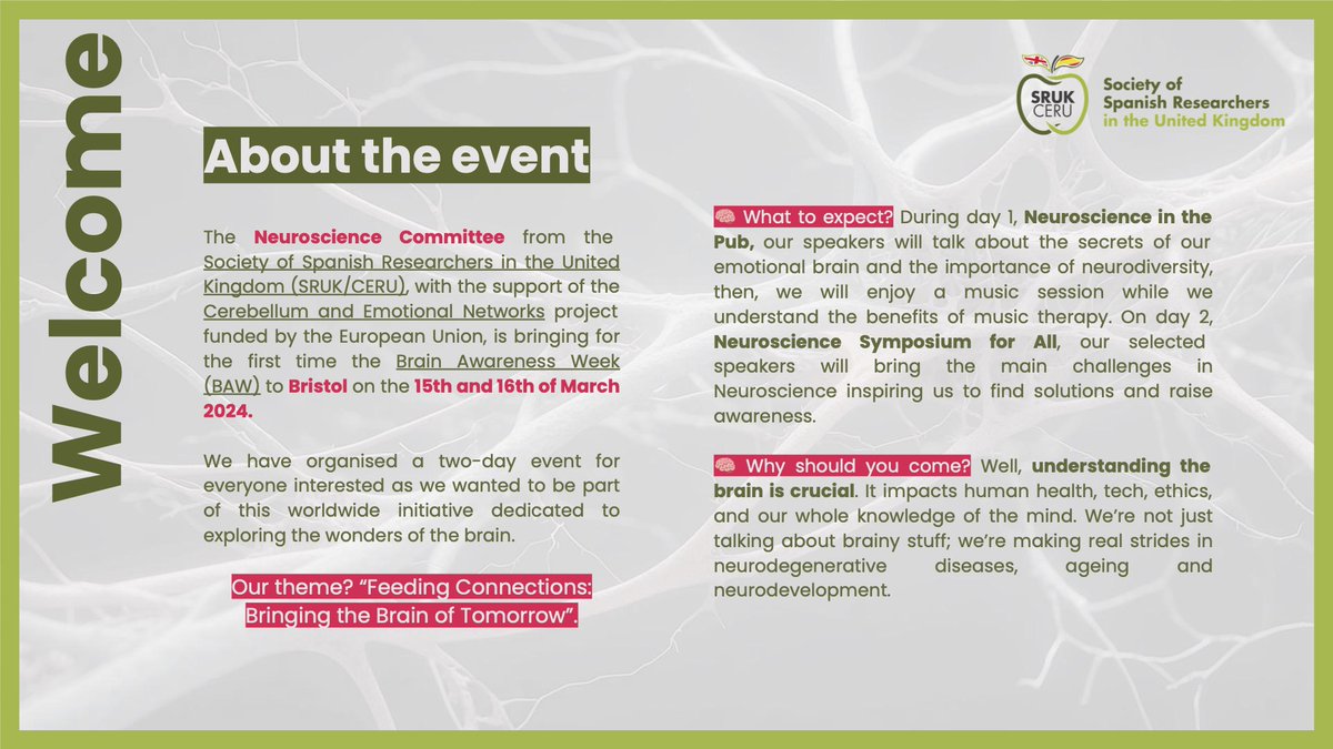 Everyone is invited to the 2⃣0⃣2⃣4⃣ 🧠Brain Awareness Week event in #Bristol organised by the 🍏SRUK/CERU Neuroscience Committee. 🗓️: 15th-16th March 2024 📍: Bristol 🎟️(free): sruk.org.uk/ceru-events/20… ℹ️: 👇