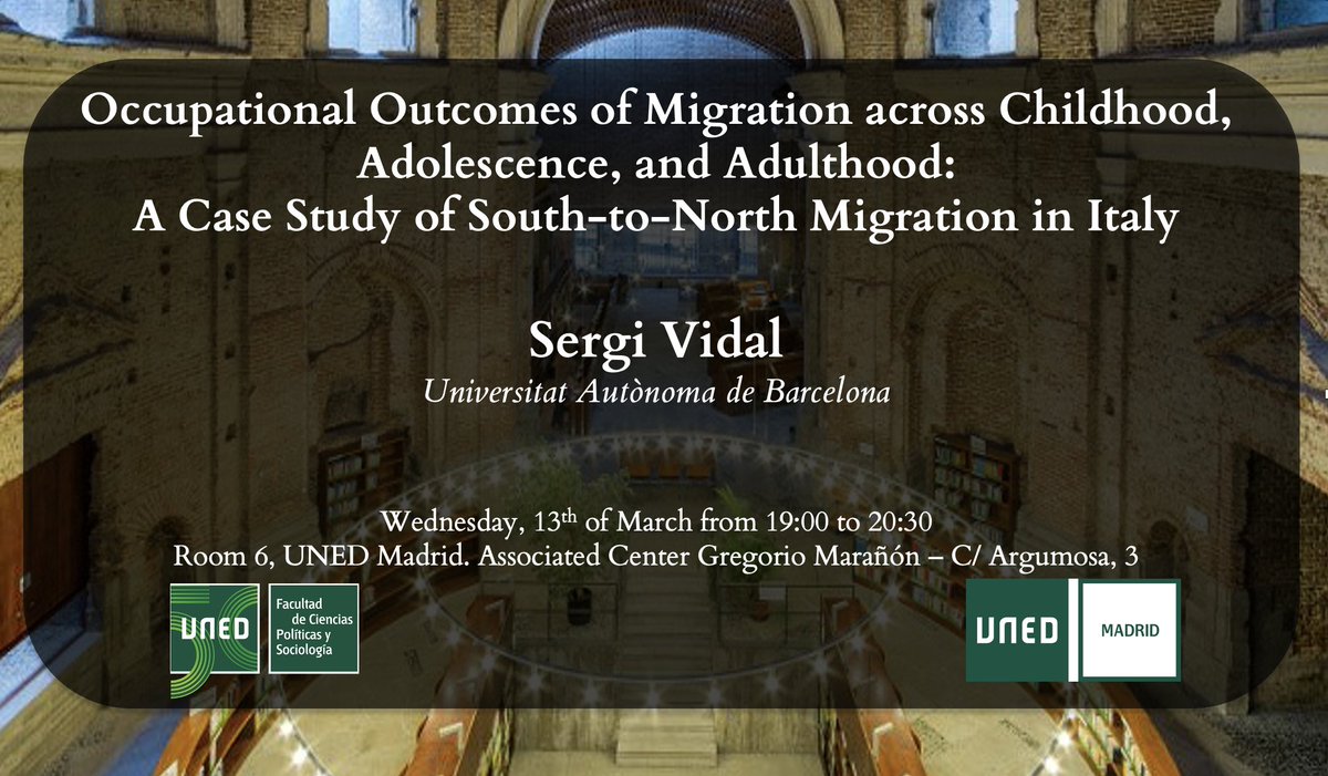 📢Tomorrow we have UNED Inequality Seminar! 

👉 Sergi Vidal (<a href="/never_minded/">Sergi Vidal</a>) will present a study analysing occupational outcomes of migration within Italy. 

📍7pm @ UNED Gregorio Marañón (Calle Argumosa, 3 - Lavapiés, Madrid). 

See you there!