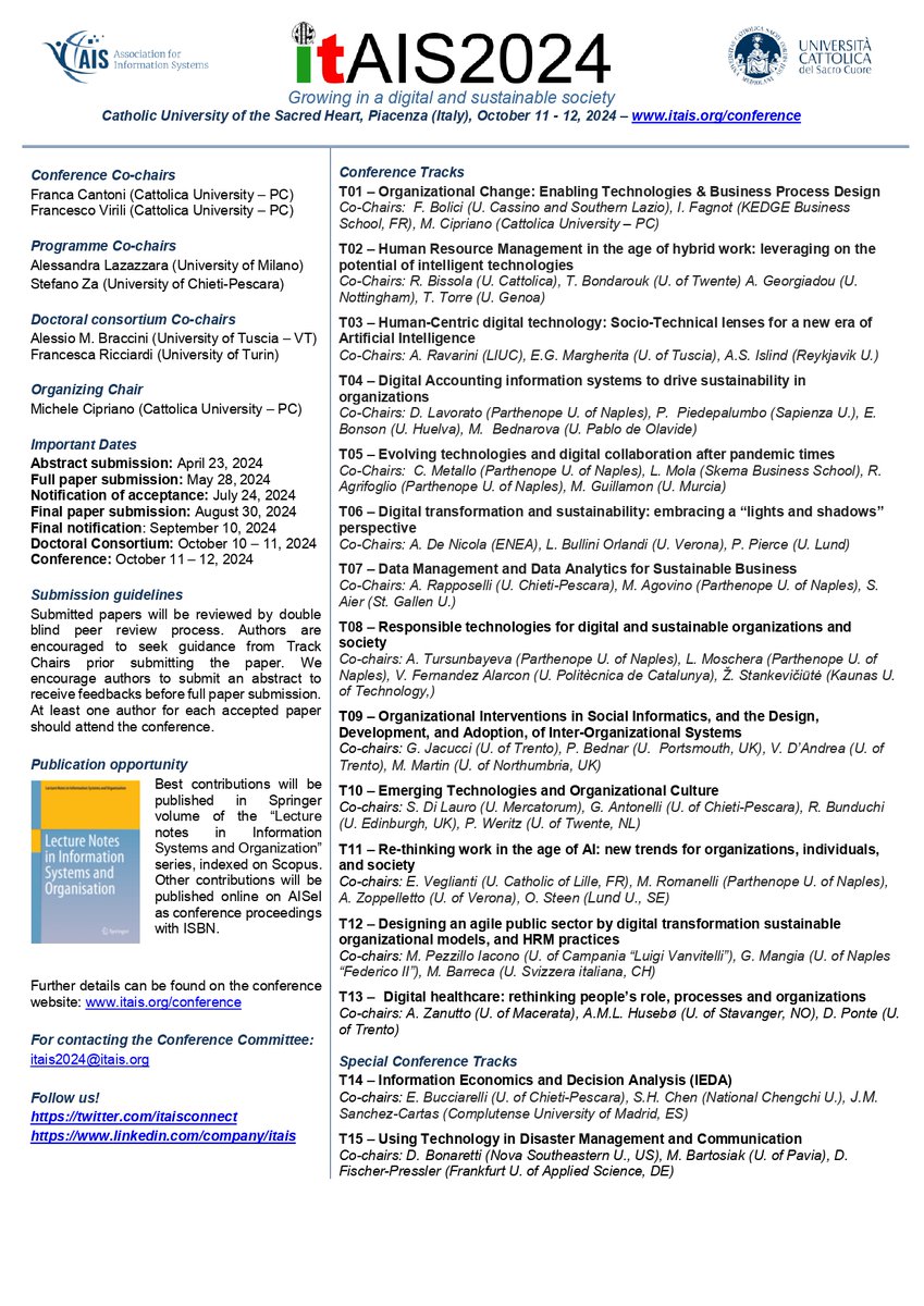 ItAIS Connect (@itaisconnect) on Twitter photo 🚀 #ItAIS2024 Tracks List! 🚀
We are thrilled to unveil the list of tracks selected for the 21st conference of the Italian chapter of the Association for Information Systems, #ItAIS2024! <a href="/Unicatt_en/">Università Cattolica</a> <a href="/AISConnect/">AIS Connect</a> @ercisorg <a href="/AISConnect/">AIS Connect</a> 🚀 #ItAIS2024 Tracks List! 🚀
We are thrilled to unveil the list of tracks selected for the 21st conference of the Italian chapter of the Association for Information Systems, #ItAIS2024! <a href="/Unicatt_en/">Università Cattolica</a> <a href="/AISConnect/">AIS Connect</a> @ercisorg <a href="/AISConnect/">AIS Connect</a>
