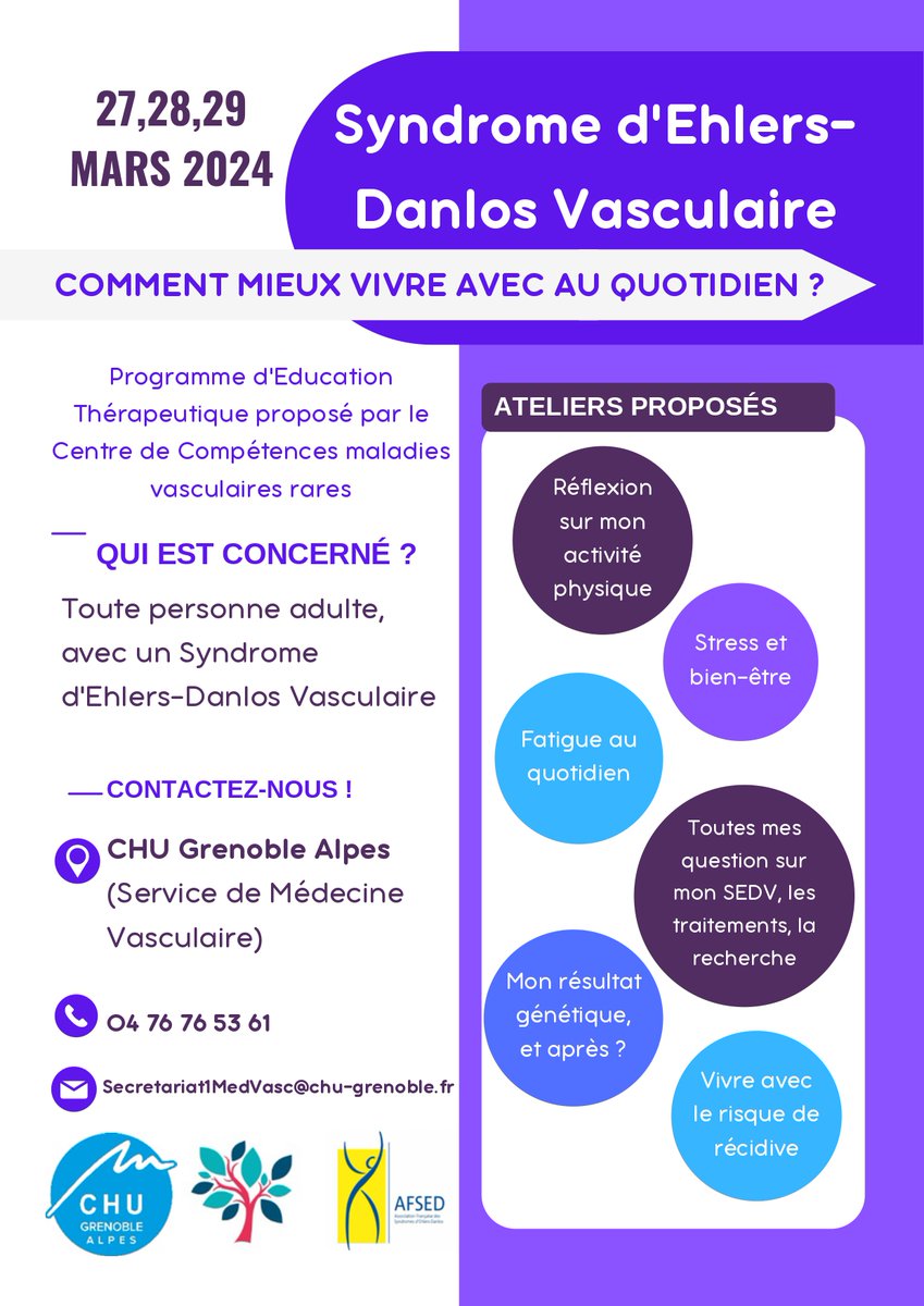 📅 Du 27 au 29 mars aura lieu une session d'ETP sur le Syndrome d'Ehlers-Danlos vasculaire au <a href="/CHU_Grenoble/">CHU Grenoble Alpes</a> ! Ce programme est ouvert à toute personne adulte porteuse d'un #SEDv.
🚆Le transport et l'hébergement sont pris en charge. Pour plus d'informations 👇