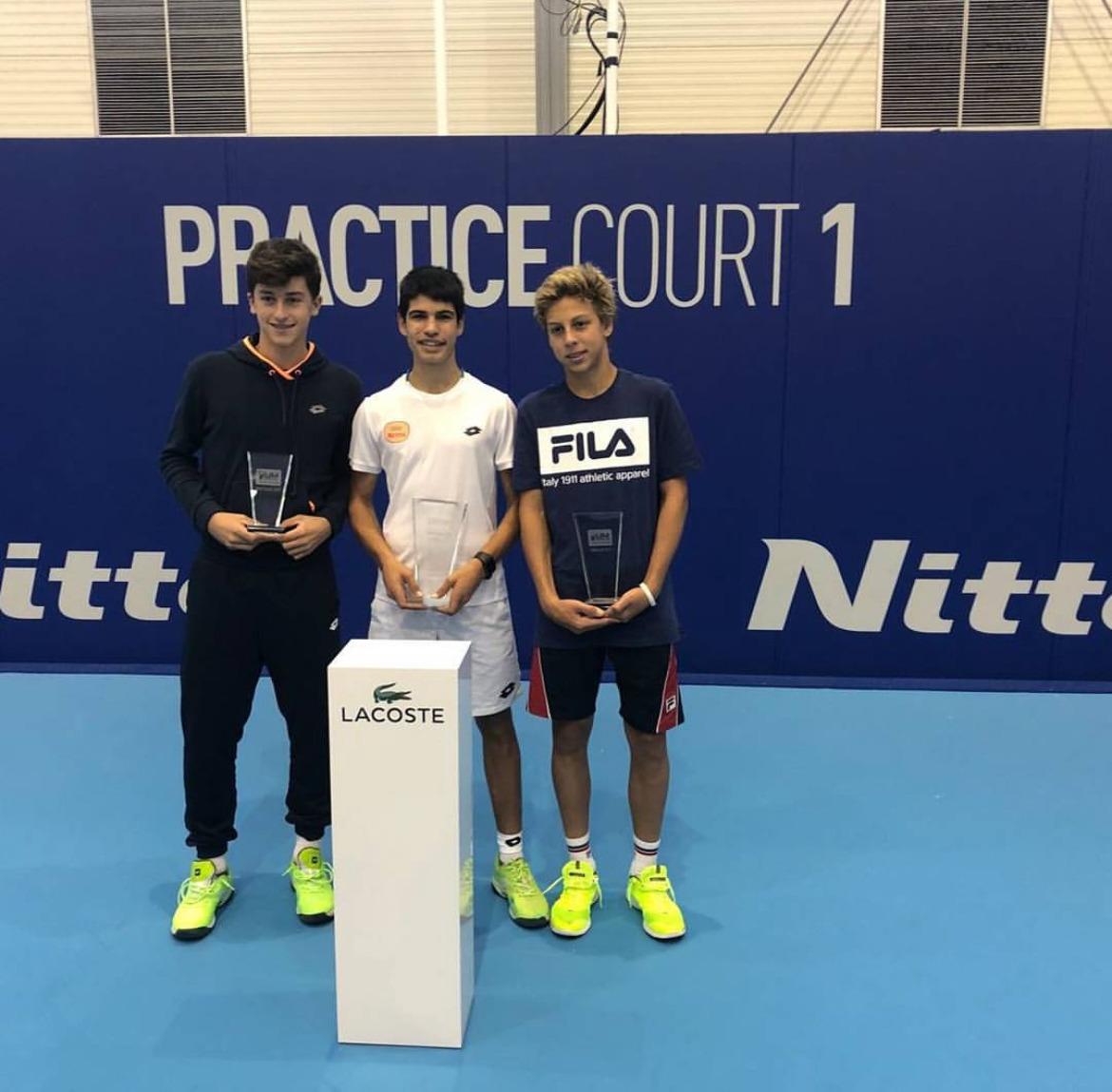 Former junior World No. 17 Luca Nardi (left) has claimed his first Top 10 win and biggest of his career after defeating Novak Djokovic 6-4, 3-6, 6-3 @BNPPARIBASOPEN 🤝 Carlos Alcaraz, Luca Nardi & Pedro Boscardin in 2017 at juniors invitational event during the ATP Finals