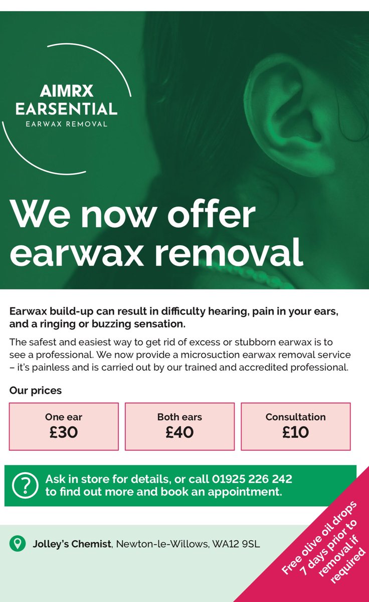 Jolley’s Chemist now offers a private Ear Wax Removal Service.  Please contact the team for further information! #earwax #earwaxremoval #earproblem
