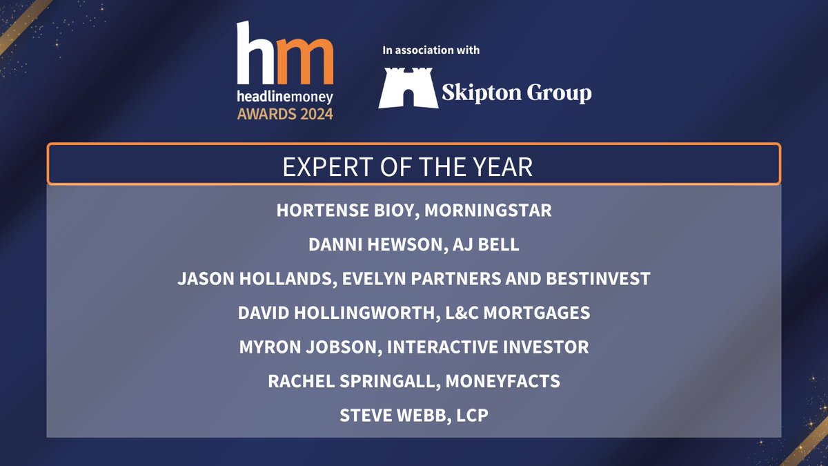 Headlinemoney (@headlinemoney_) on Twitter photo We're pleased to announce the #HMAwards24 shortlist for Expert of the Year!
Congratulations to <a href="/hortensebioy/">Hortense Bioy</a>, <a href="/dannihewson/">Danni Hewson</a>, <a href="/jasonhollands/">Jason Hollands</a>, <a href="/D_Hollingworth/">David Hollingworth</a>, <a href="/Myron_Jobson/">Myron Jobson</a>, Rachel Springall & <a href="/stevewebb1/">Steve Webb</a> 🏆 We're pleased to announce the #HMAwards24 shortlist for Expert of the Year!
Congratulations to <a href="/hortensebioy/">Hortense Bioy</a>, <a href="/dannihewson/">Danni Hewson</a>, <a href="/jasonhollands/">Jason Hollands</a>, <a href="/D_Hollingworth/">David Hollingworth</a>, <a href="/Myron_Jobson/">Myron Jobson</a>, Rachel Springall & <a href="/stevewebb1/">Steve Webb</a> 🏆
