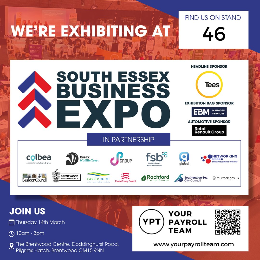 Join us at the South Essex Business Expo this Thursday, 14th March at the Brentwood Centre! Your Payroll Team will be exhibiting and we can't wait to meet you on stand 46.

#NetworkingEssex #PowerUpPayroll #BusinessNetworking
