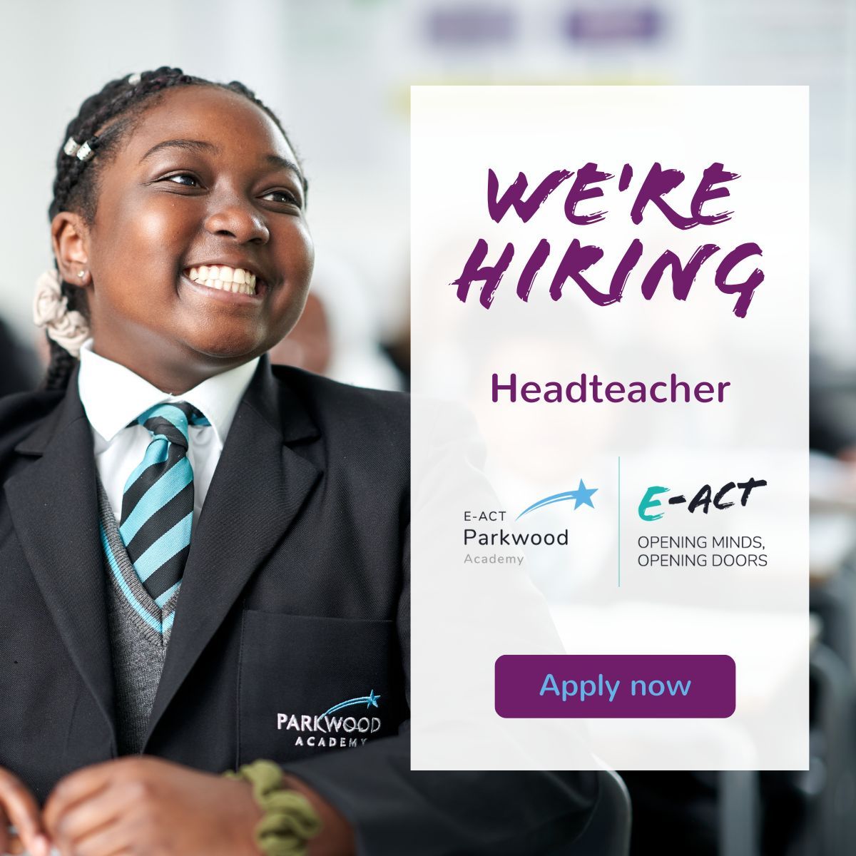 Are you passionate about shaping the future of education? This opportunity is for you! 💫 E-ACT Parkwood Academy are looking for of an outstanding #Headteacher to become part of the team! Apply now ➡️buff.ly/3Tum6MZ #WeAreEACT #headteacherjob #educationjob