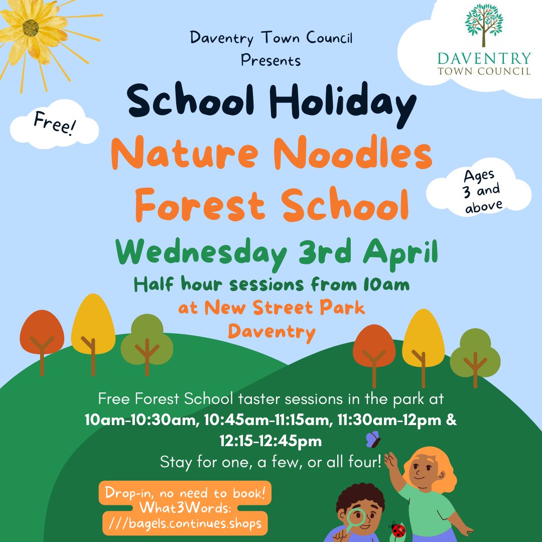 Daventry_TC's tweet photo. 🌳 Join us on Wednesday 3rd April for free Forest School taster sessions with Nature Noodles
🌷 Family-friendly fun among the trees, learning about wildlife and nature
🍄 No need to book, just drop in for our free, half-hour sessions, starting at 10am https://t.co/vyk1rYKFzE