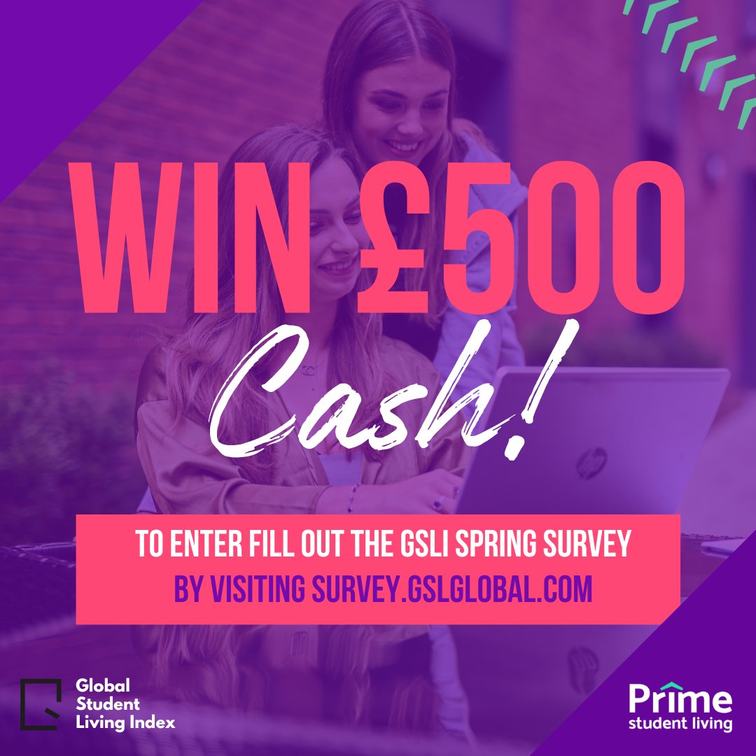 Prime_Student's tweet image. Want to win £500 cash? 💰🤩
Fill out the GSLI survey for a chance to win! 

To enter visit - survey.gslglobal.com
We use your feedback to make our accommodation even better! 💜

#gsli #gslisurvey #studentaccommodation