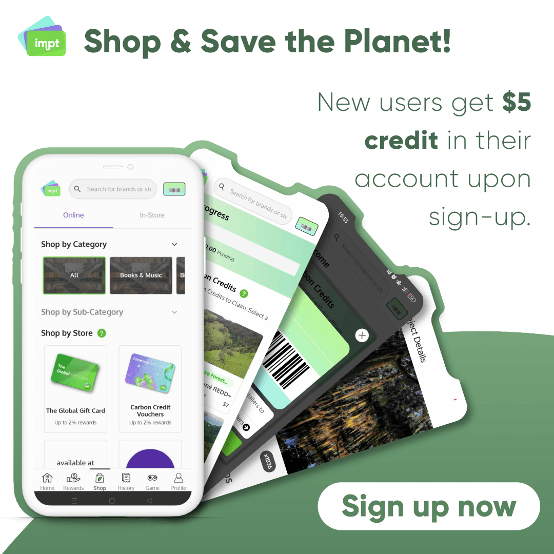 IMPT_token's tweet image. Join IMPT &amp;amp; get $5 credit when you sign up! Shop consciously &amp;amp; offset your carbon footprint! 
Sign up here: platform.impt.io/user/sign-up 
#SustainableLiving #EcoFriendly #SignUpReward