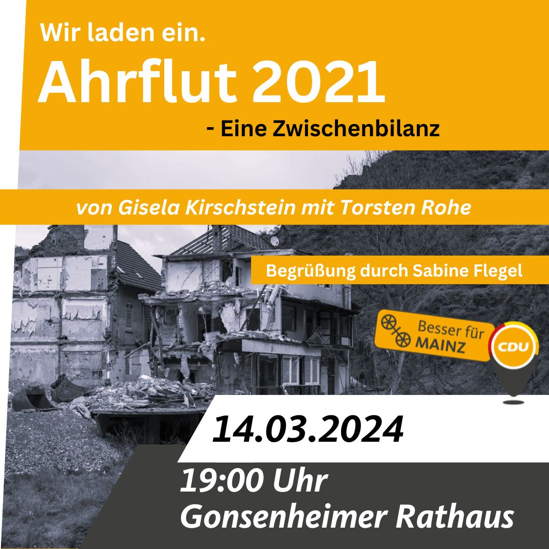Fast drei Jahre ist die verheerende Flut im Ahrtal nun schon her. Was hat sich seitdem getan? 
Darüber sprechen Autorin Gisela Kirschstein und Stadtrat Torsten Rohe am 14.03. ab 19 Uhr im Gonsenheimer Rathaus.

Kommt gerne vorbei!