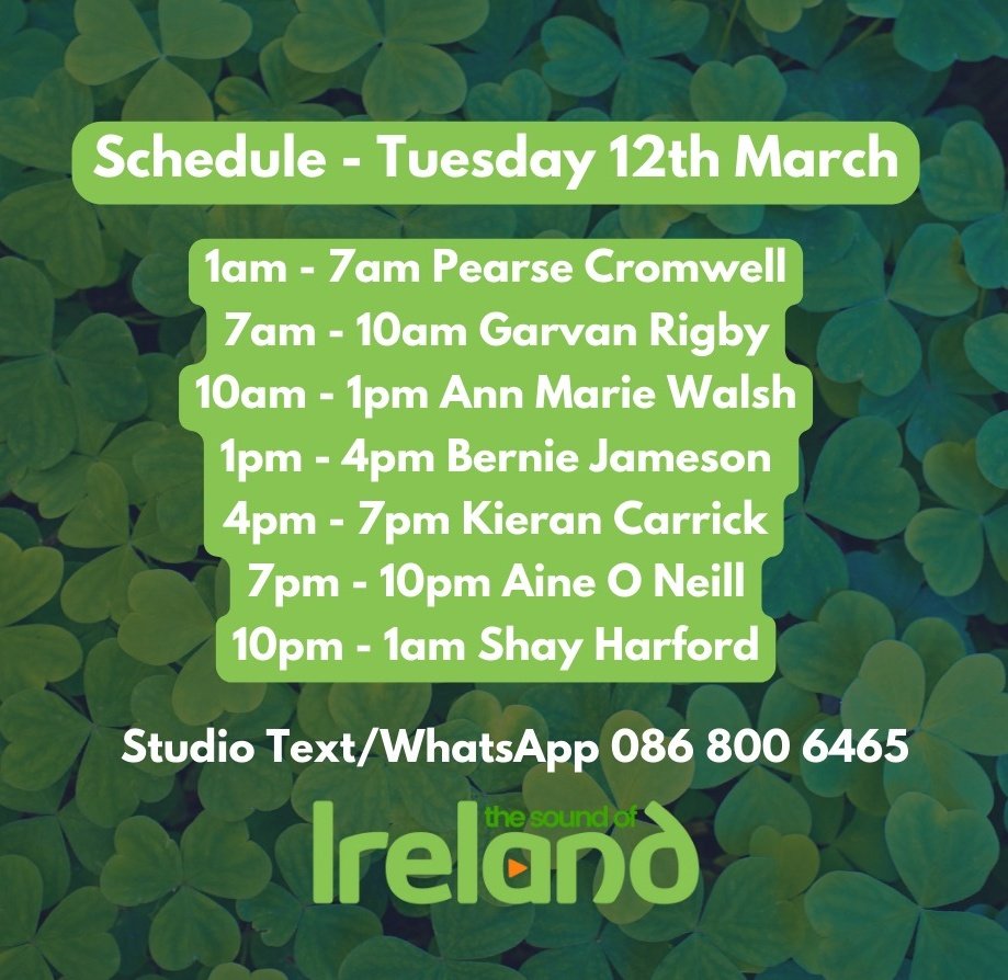 Morning! Join me to 1pm on @soundofireland with an ALL Irish soundtrack for St Patrick's week. 94.3FM in Dublin & stream online #thebestofirish thesoundofireland.com