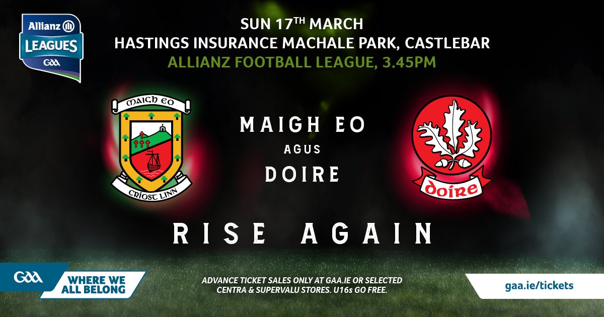 Our Senior footballers will take on Derry in Round 6 of the Allianz League this Sunday at 3.45pm in Hastings Insurance MacHale Park. With Live coverage on Sport TG4 Ticket link below 👇👇👇 🎟️ Advance ticket sales only at gaa.ie/tickets or selected Centra & SuperValu…