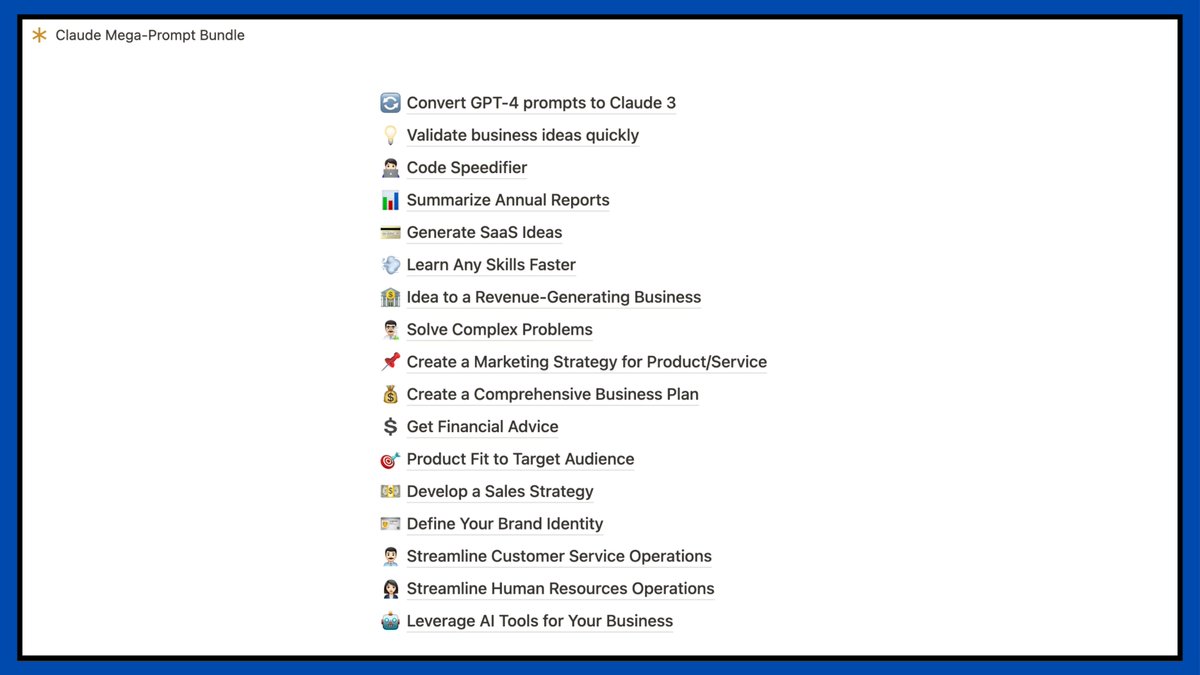 Anthropic Claude 3 is extremely powerful.

But sadly most people don't know how to use it.

That's why we created this "Claude Mega-Prompt Bundle" for you.

It's free for 24/hrs.

To get this:

1. Like/RT
2. Reply "Claude"
3. Follow me (So, I can DM you)