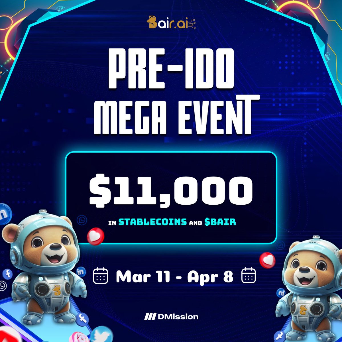 🤖 AI Frontier Unlocked - <a href="/BAIR_AI/">BAIR_AI: The AI Infra Powering the IA Economy</a> IDO Voyage Begins!  

🚀 Get ready to be blown away by the Bair.ai Pre-IDO Mega Event – a thrilling celebration of our dynamic community!

🎉 With an astonishing prize pool totaling $11,000 in stablecoins and $BAIR tokens up for
