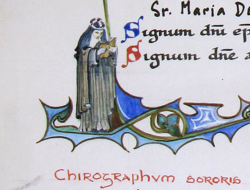 We love this tiny illustration of a Bridgettine nun engrossed in a book! She can be found in the border of Sister Mary Dominic's vow in the Syon Abbey archive. 📷 EUL MS 389/COM/2/2/3/4 (date: 1924-27) #TinyTuesday #SyonAbbey #Nuntastic #Archives #WomensHistoryMonth #WHM