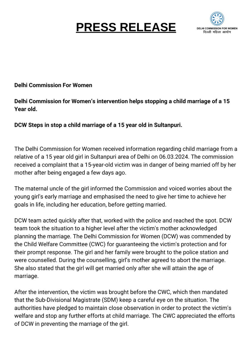 Delhi Commission for Women’s intervention helps stopping a child marriage of a 15 Year old in Delhi. #EndChildMarriages