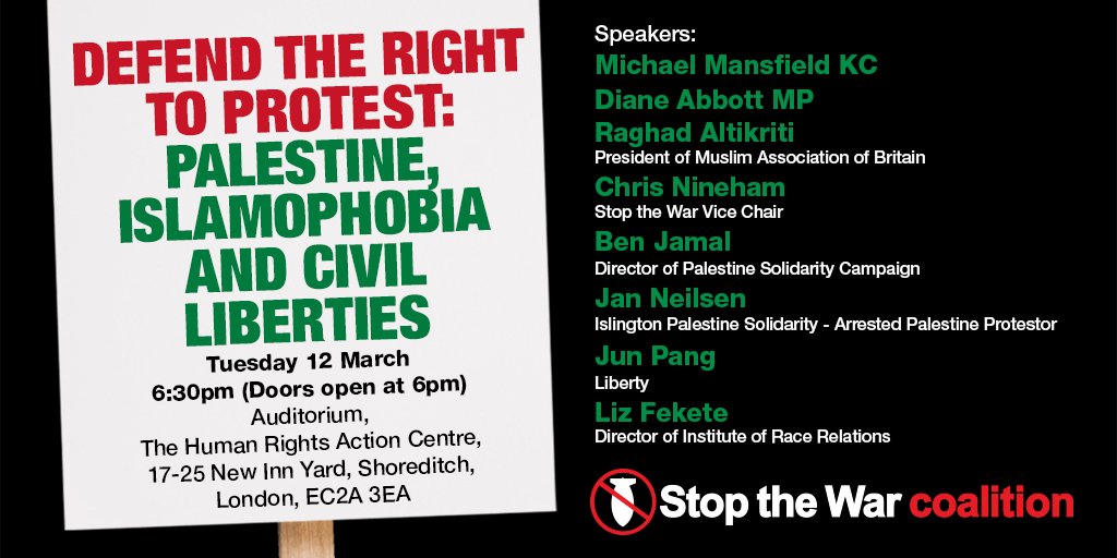‼️ Defend the right to protest ‼️ As the government continues to demonise our marches for Palestine, tonight's public meeting will discuss how we defend our democratic rights. There's still time to register 🔽 stopwar.org.uk/events/stwc-pu…