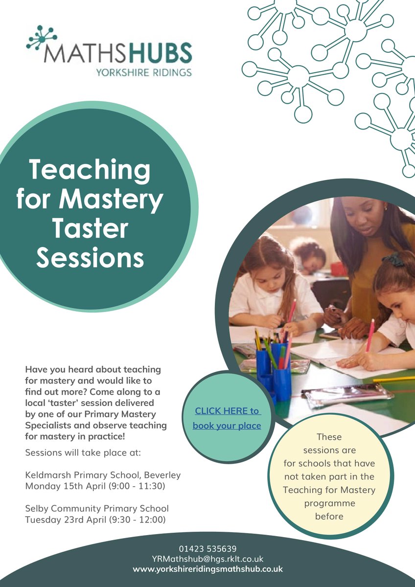 📣 Calling all Primaries in the East Riding and York area that haven't participated in Teaching for Mastery (TfM) before.

Come along to one of our taster sessions to observe TfM in practice.

🔗tinyurl.com/TfMTaster

#NCETM #ThePowerOfMaths #PrimaryMaths #TeachingForMastery