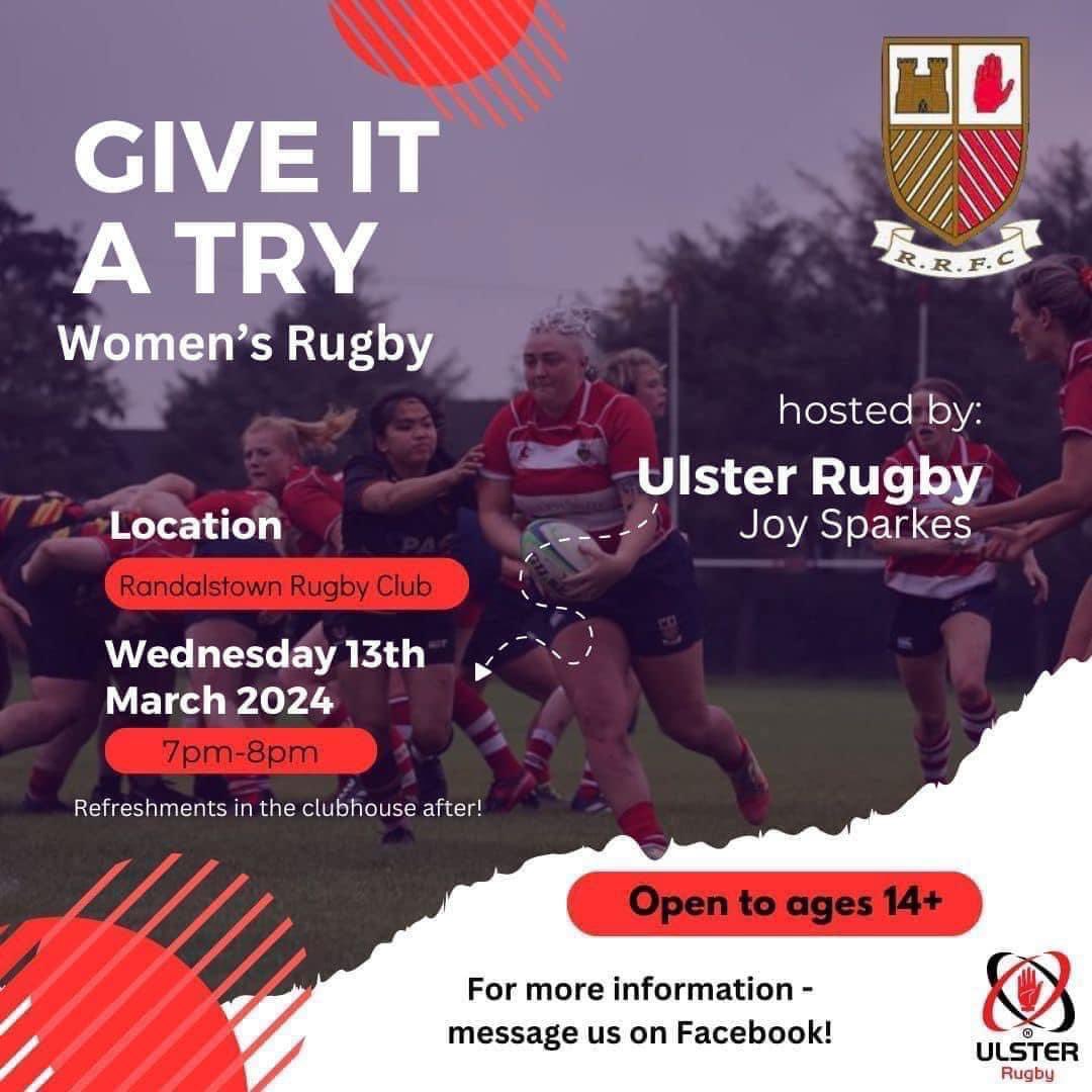 🚨Give It A Try 🚨 TOMORROW NIGHT Hosted by Ulster Rugby’s Joy Sparks Open to all girls age 14 - Senior No previous rugby experience needed! Give it a try, and see how you get on, no pressure to commit @UlsterBranch