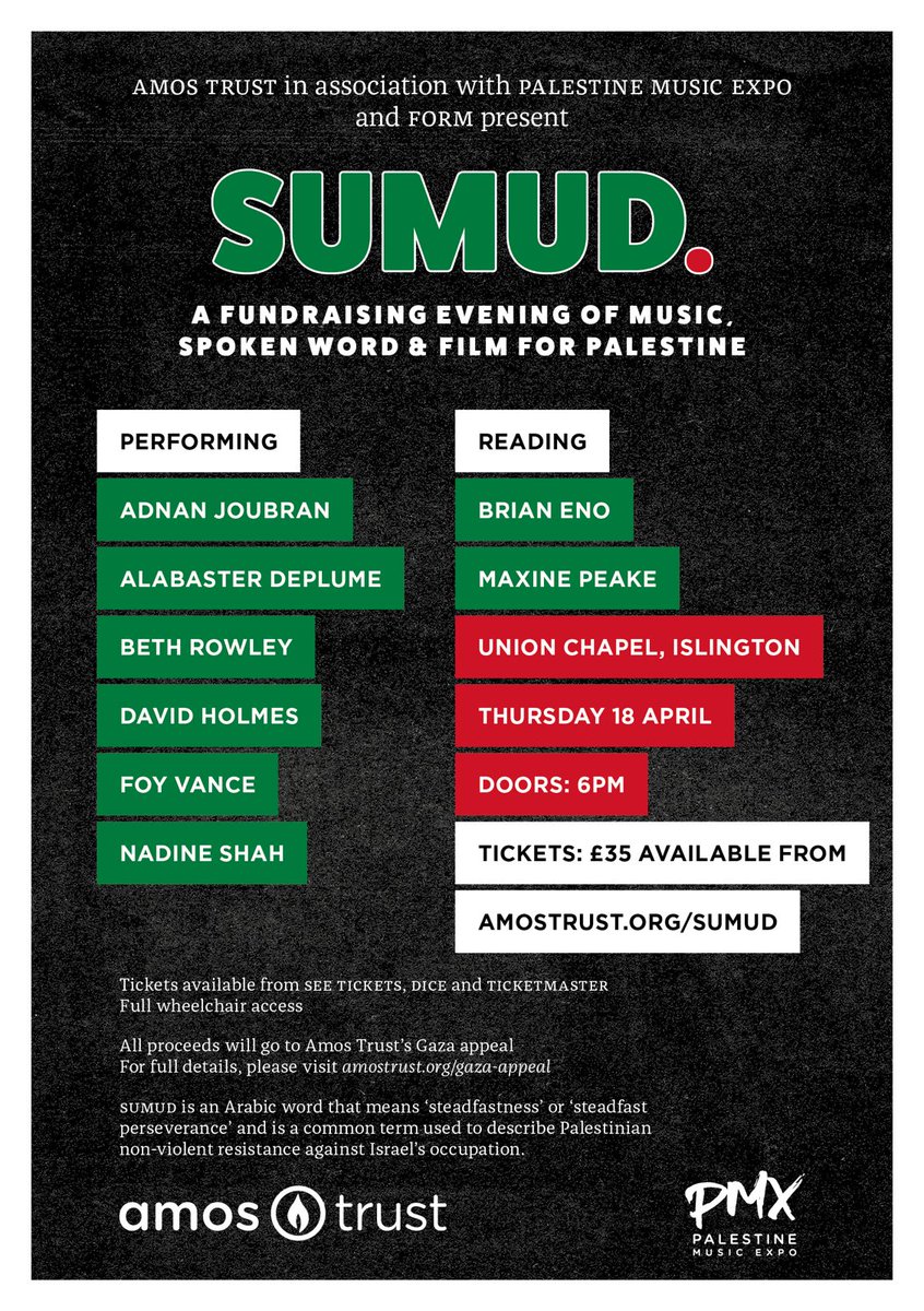 In association with @AmosTrust and @palestinemusicx, we are pleased to announce a special fundraising evening of music, spoken word and film for Palestine at @UnionChapelUK, London on 18th April. Featuring readings and performances from @brianeno, @Maxine_Peake, @nadineshah,…