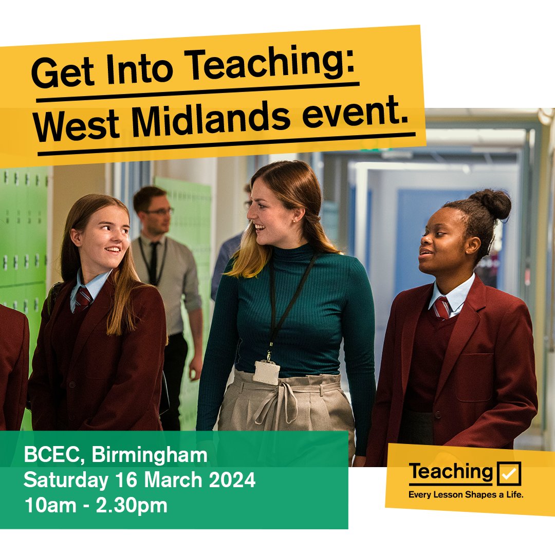 We will be at the @getintoteaching event this Saturday!
🕔10am to 2:30pm
📍BCEC
Find out more about training to teach with our Outstanding SCITT, at placement schools across North Birmingham!
#traintoteach #getintoteaching #becomeateacher #SCITT #Birmingham