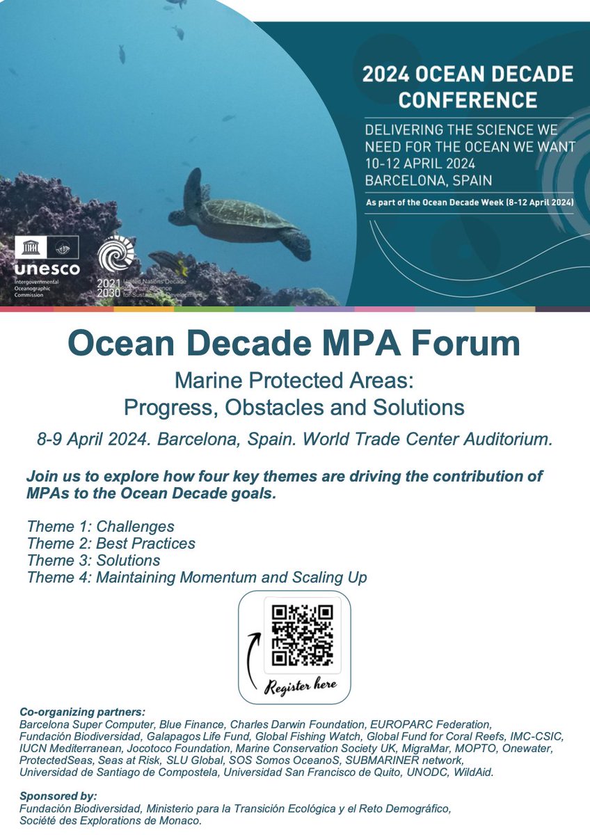 🌊 Join the #MPA Symposium happening during  the #OceanDecade2024 in #Barcelona , April 10-12.
🎯 Engage with marine conservation leaders, explore innovative solutions, and shape our oceans' future. Don’t miss out –Register now! 📅 #OceanDecade2024 #MPASymposium 🌐