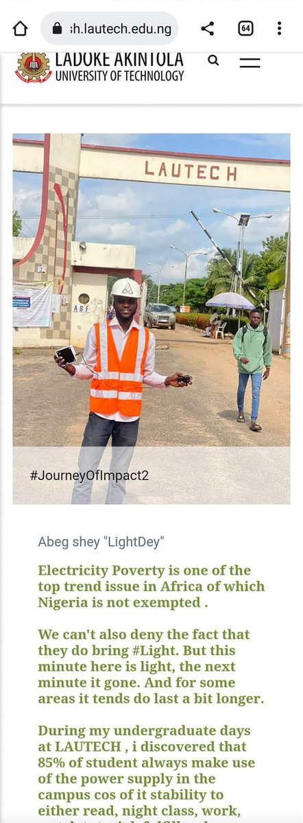 SeyiOjelabi's tweet image. Abeg Shey "LightDey" !
As an alumni of @lautechofficial, I'm glad this project initiative is still in use by students of its university.
"If there is one thing i love to do is to #SolveProblem and if there is one thing i love to leave behind it's a #legacy"
~ @SeyiOjelabi ~