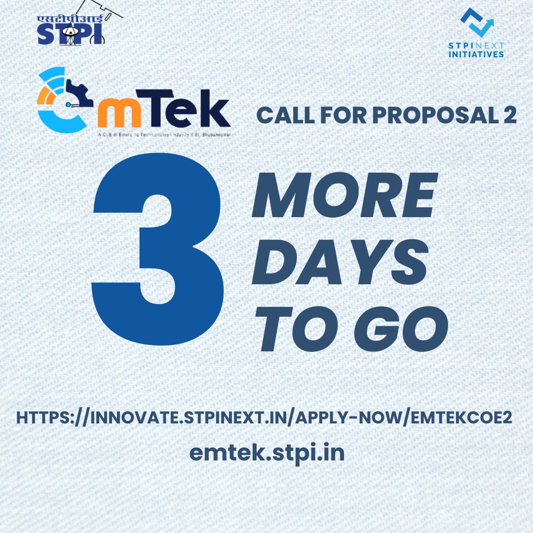 HURRY!!!!!! 3 days to go !!!!! Inviting all industry 4.0 in emerging technologies aspirants (students/startups/ entrepreneurs/experts) to apply in to the call for proposal 2 in EmTek CoE . Apply here - innovate.stpinext.in/about-us/emtek… @arvindtw #EmergingTech #Industry40 #aiml