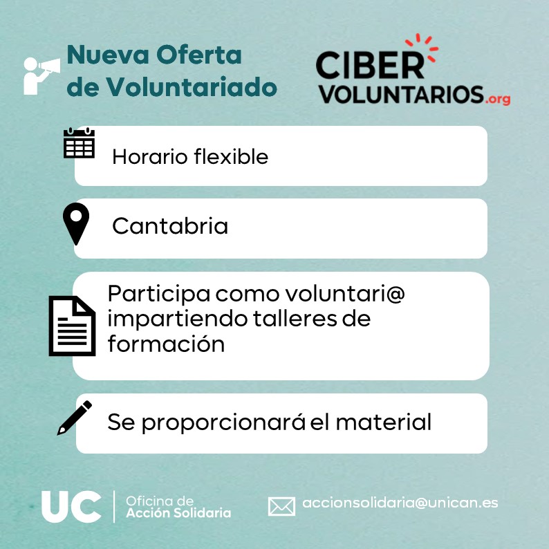 Nueva Oferta de Voluntariado ❗❗ @cibervoluntario 👇Inscríbete rellenando el formulario: docs.google.com/forms/d/e/1FAI… 💌 O mándanos un correo a: accionsolidaria@unican.es