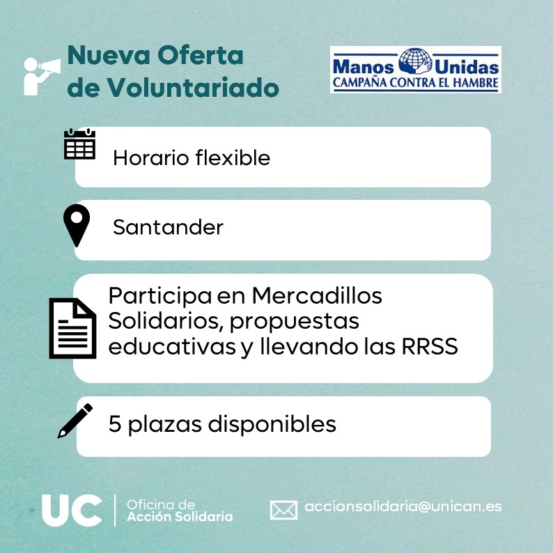 Nueva Oferta de Voluntariado ❗❗ @manosunidassant 👇Inscríbete rellenando el formulario: docs.google.com/forms/d/e/1FAI… 💌 O mándanos un correo a: accionsolidaria@unican.es