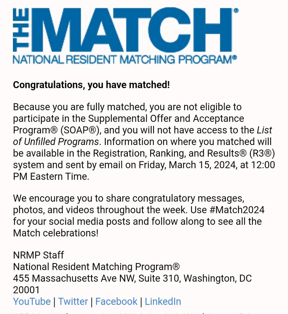 Alhamdulillah.
By the grace of Almighty Allah, and the prayers and support of my family, mentors and friends, I matched.
#Match2024 #NRMP