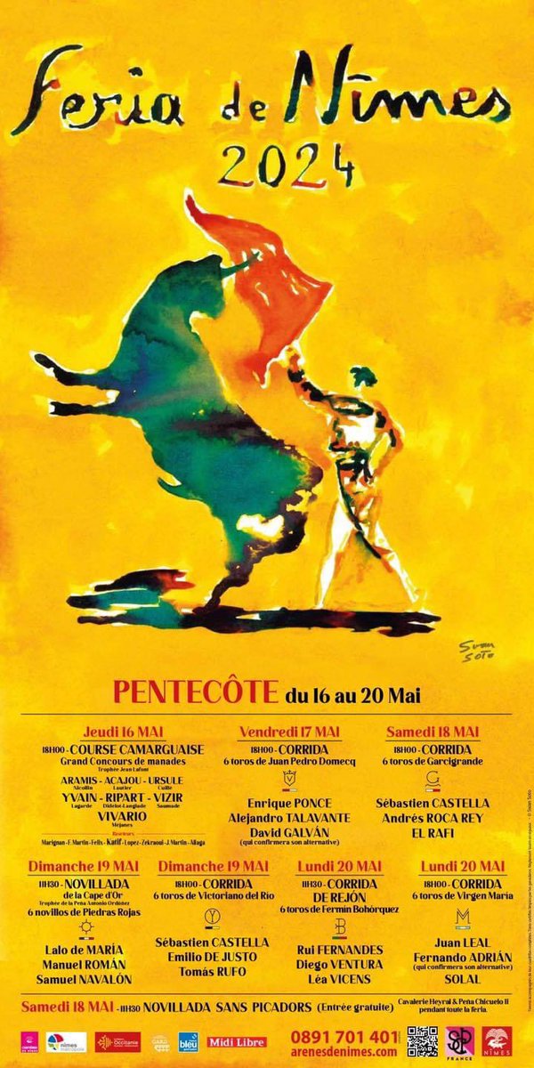 ArenesNimes_SCP's tweet photo. 🔥LES CARTELS DE PENTECÔTE 🔥

Simon Casas France a le plaisir de vous présenter la composition des cartels de la Feria de Pentecôte 2024 qui se déroulera du 16 au 20 mai. 

📍4 rue de la Violette 
BP 61480 - 30017 #Nîmes Cedex 1
☎️ 0891 701 401
💻 https://t.co/Urnie2akDE https://t.co/fMXnjP1hqT