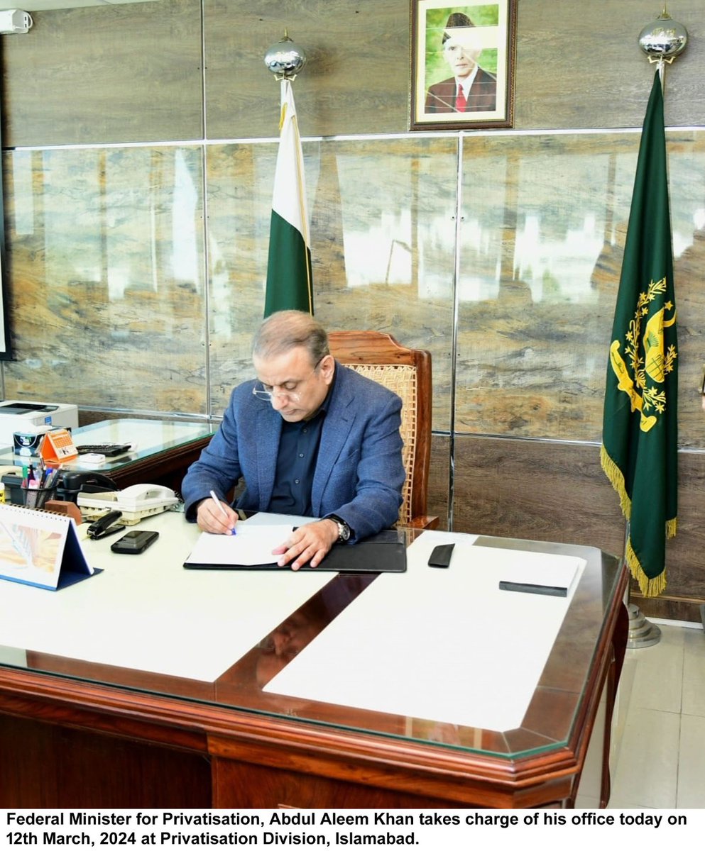 Federal Minister for Privatisation, Abdul Aleem Khan took charge of his office today at Privatisation Division, Islamabad.The Minister was given a detailed briefing on the working of the Division and the Privatisation Commission by respective Federal Secretaries.