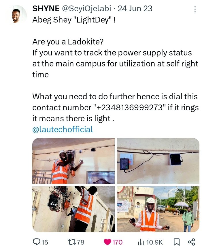 SeyiOjelabi's tweet image. Abeg Shey "LightDey" !
As an alumni of @lautechofficial, I'm glad this project initiative is still in use by students of its university.
"If there is one thing i love to do is to #SolveProblem and if there is one thing i love to leave behind it's a #legacy"
~ @SeyiOjelabi ~