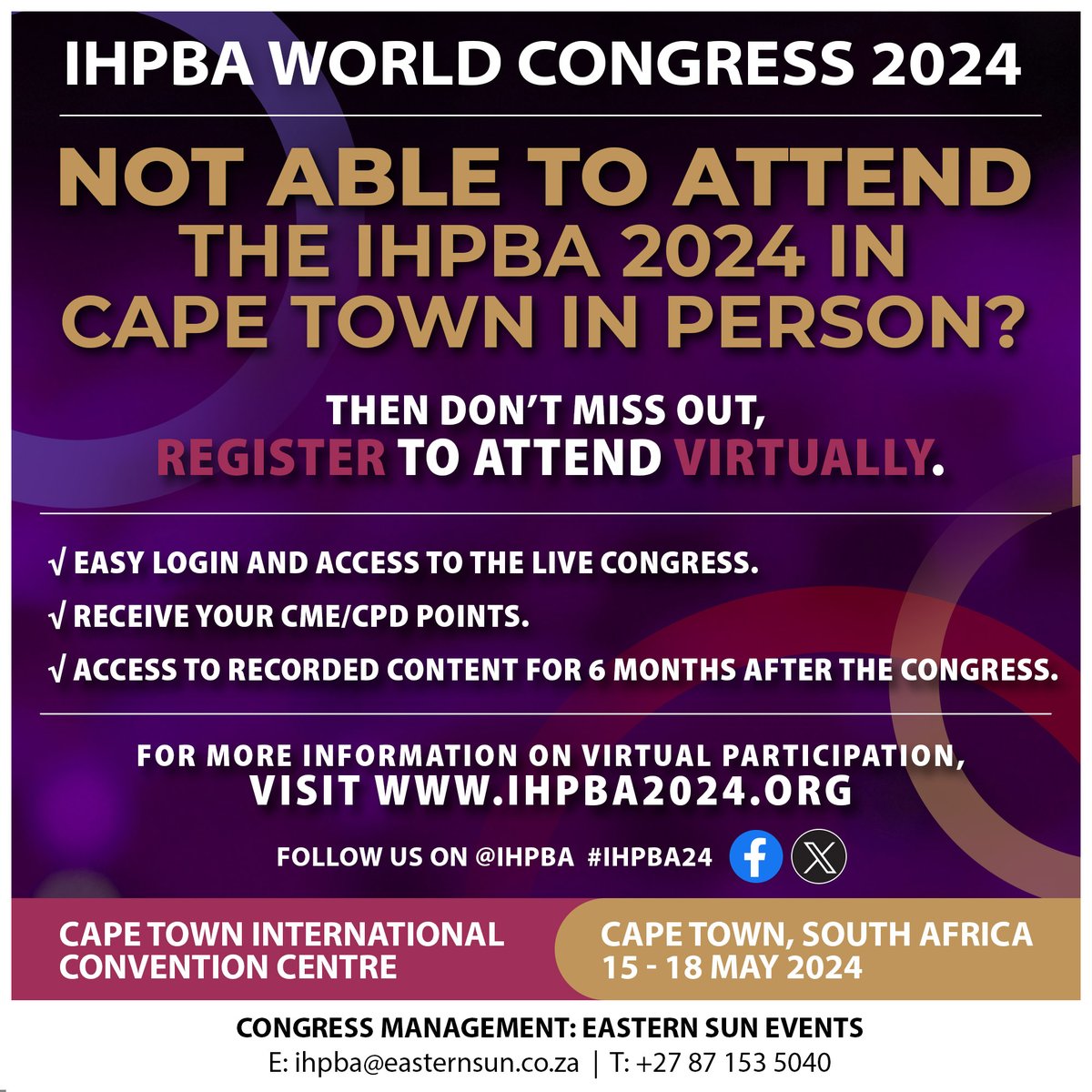 IHPBA's tweet photo. Can't make it to the IHPBA 2024 World Congress in person? No worries! You can still participate as a virtual delegate! Visit https://t.co/Wnd8FlteUt to learn more and register today! Don't miss out on this exciting opportunity to connect and learn from experts in the HPB field! https://t.co/X7KJ0J8eN3