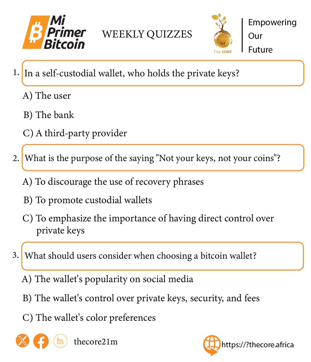 Here are our #Bitcoin #TuesdayQuizzes, covering Chapters 6 & 7 of the #Bitcoin Diploma! Share your answers in the comments, and tomorrow, we'll post the correct answers. Download the #Bitcoin diploma here: github.com/MyFirstBitcoin……… #Bitcoinquizzes #thecore21m