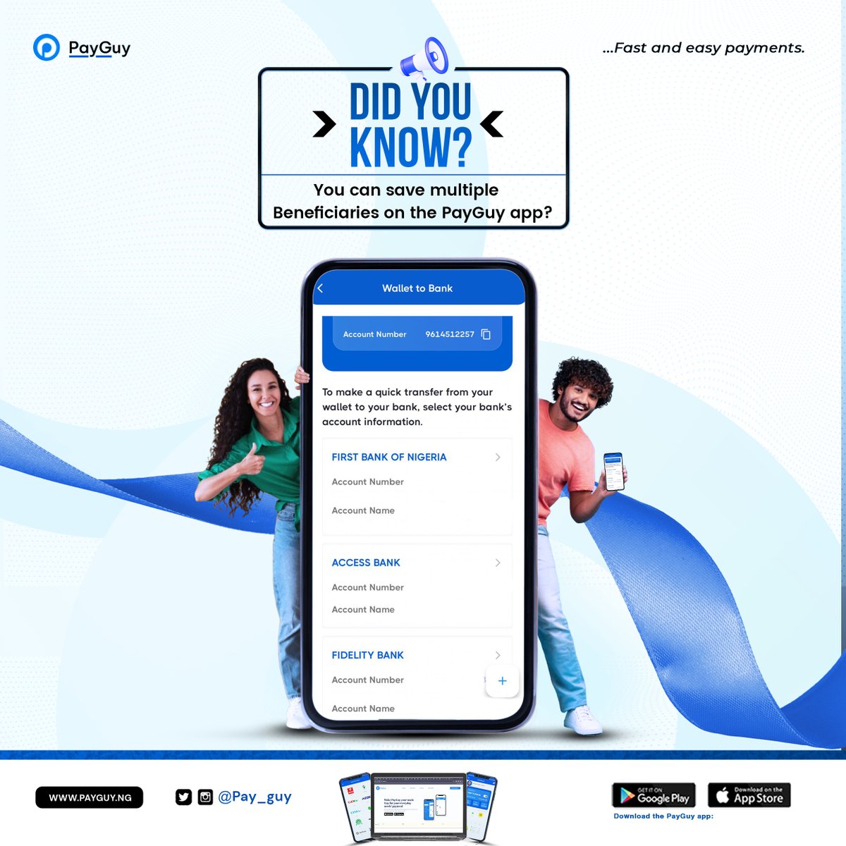 Pay__Guy's tweet photo. Hey Fam,πββοΈ
Did you know? You can save multiple beneficiaries on the PayGuy app? Make transfers to your beneficiaries today!
#PayGuy #Bills #payments #BLOCK https://t.co/yTHtLIQyA4