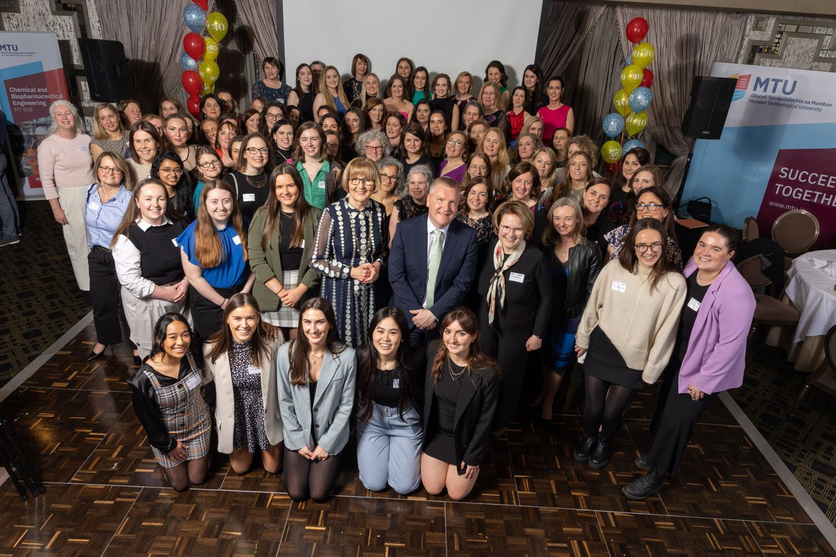 PETEngMTU's tweet photo. 40 years of Chemical Engineering Education celebrated by MTU in the Maryborough House Hotel in Douglas, Cork, on Friday, 8th March 
Female graduates, pictured with Minister for Finance Michael McGrath TD; and President of MTU, Maggie Cusack. https://t.co/LuvZC8ozk2