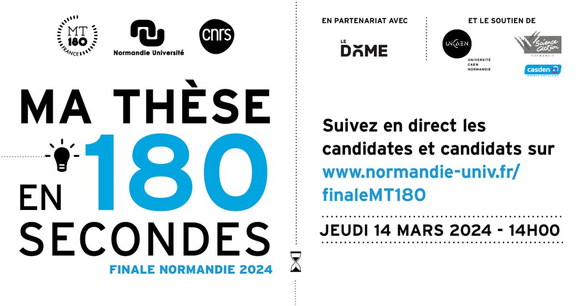 📢ALERTE INFO #MT180 #Normandie Suivez en direct la finale normande du concours Ma thèse en 180 secondes ! Fort de son succès, l’amphi Pierre Daure est complet ! Pour ne pas faire de déçus, rendez-vous jeudi 14 mars à 14h en ligne👉 normandie-univ.fr/finaleMT180