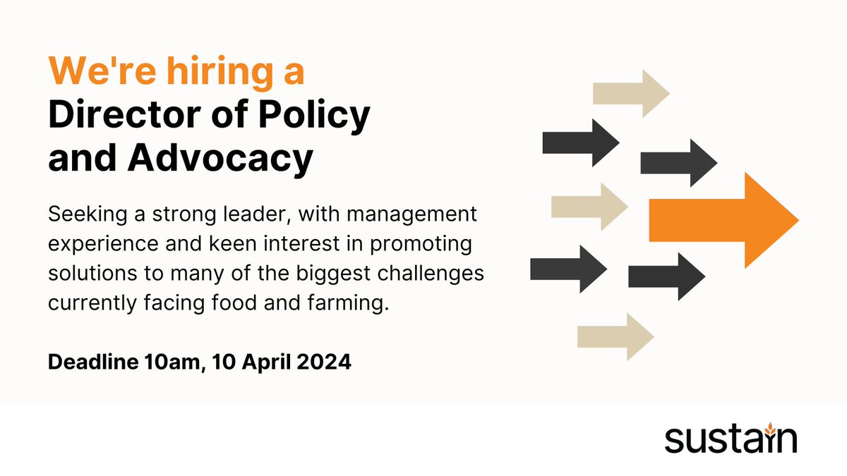 Job reminder! @UKSustain are hiring a new Director of Policy and Advocacy. We're seeking a professional, experienced, strategic leader who shares our commitment to healthy, fair, and sustainable food and farming. Deadline 10am, Weds 10 April. Apply now: rootstowork.org/jobs/?job_id=4…