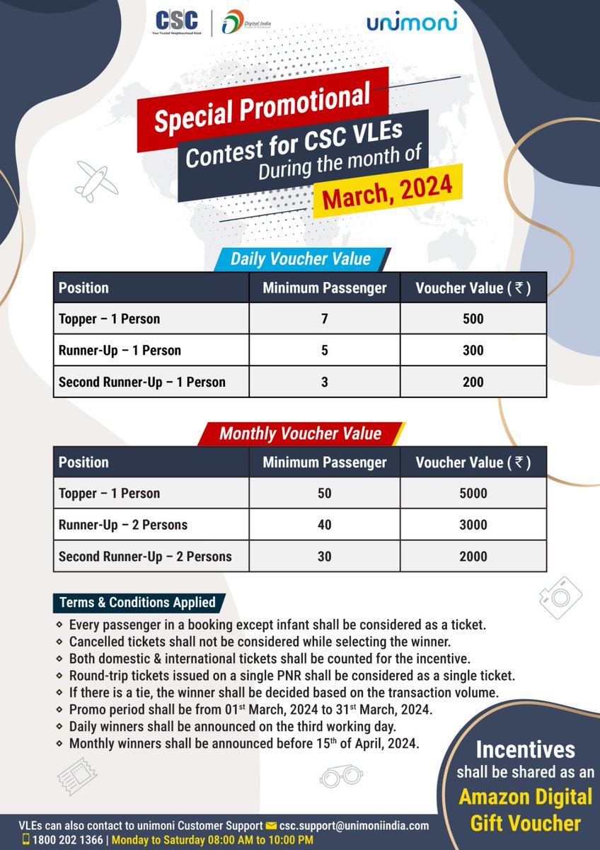 Special Promotional Flight Contest for #CSC VLEs - During March 2024. Book more tickets, and get more Incentive Vouchers. Book the air tickets through cscsafar.unimonitravel.com For any queries, call on 1800 202 1366 or mail us on csc.support@unimoniindia.com #CSCSafar