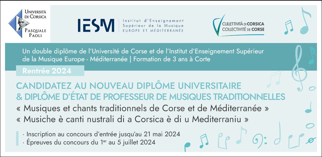 Candidatez au nouveau Diplôme Universitaire &amp; Diplôme d’État de professeur de musiques traditionnelles, « Musiques et chants traditionnels de Corse et de Méditerranée » - « Musiche è canti nustrali di a Corsica è di u Mediterraniu » ! 🖋

👉 Plus d’infos :
fllashs.universita.corsica/plugins/actu/a…