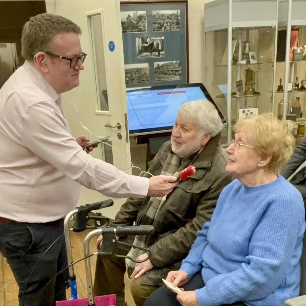Gill Jones, Secretary &amp; Roy Noble, Patron of Aber Valley Heritage Group with Alun Thomas from BBC Wales, the day the National Mining Disaster Memorial Garden of Wales became recognised by the Welsh Government &amp; added to the Statutory Register of Historic Parks &amp; Gardens for Wales