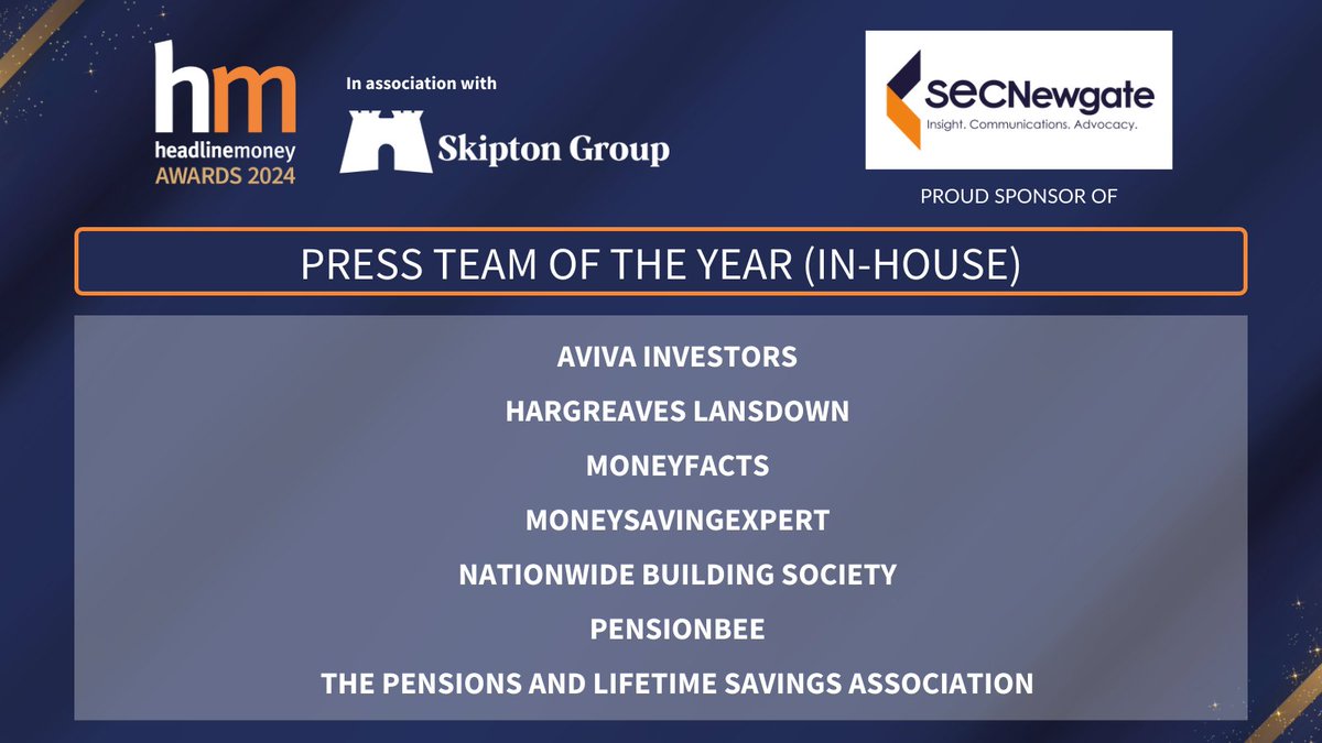 We're pleased to announce the #HMAwards24 shortlist for Press Team of the Year, sponsored by @SECNewgateUK! Well done to the teams at @avivainvestors, @HLInvest, @MoneyfactsPress, @MoneySavingExp, @AskNationwide, @pensionbee & @ThePLSA 🎉