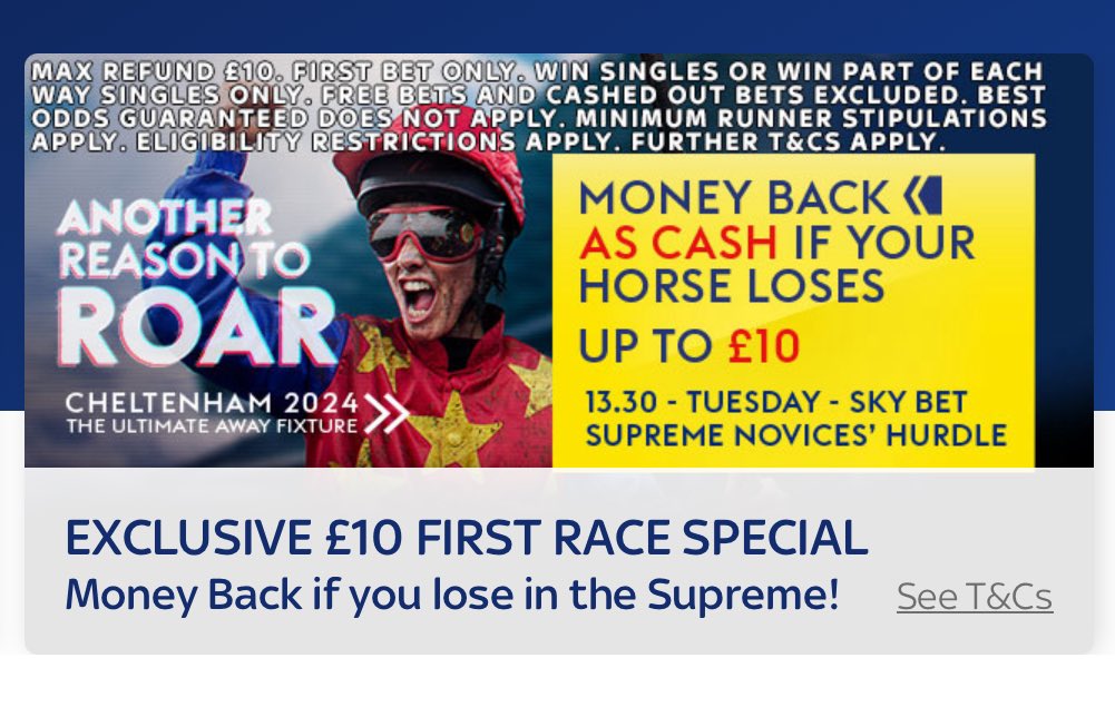 JohnnyMasterTip's tweet photo. Make sure you take advantage of this Sky Offer lads 🐎 

If your bet loses in the first race of Cheltenham you get your money back as cash, which means you can withdraw it if you like. Basically a free £10 bet for the first race 👊

I’ve gone with Tullyhill for this one 💎 https://t.co/3dMTmRWJAE