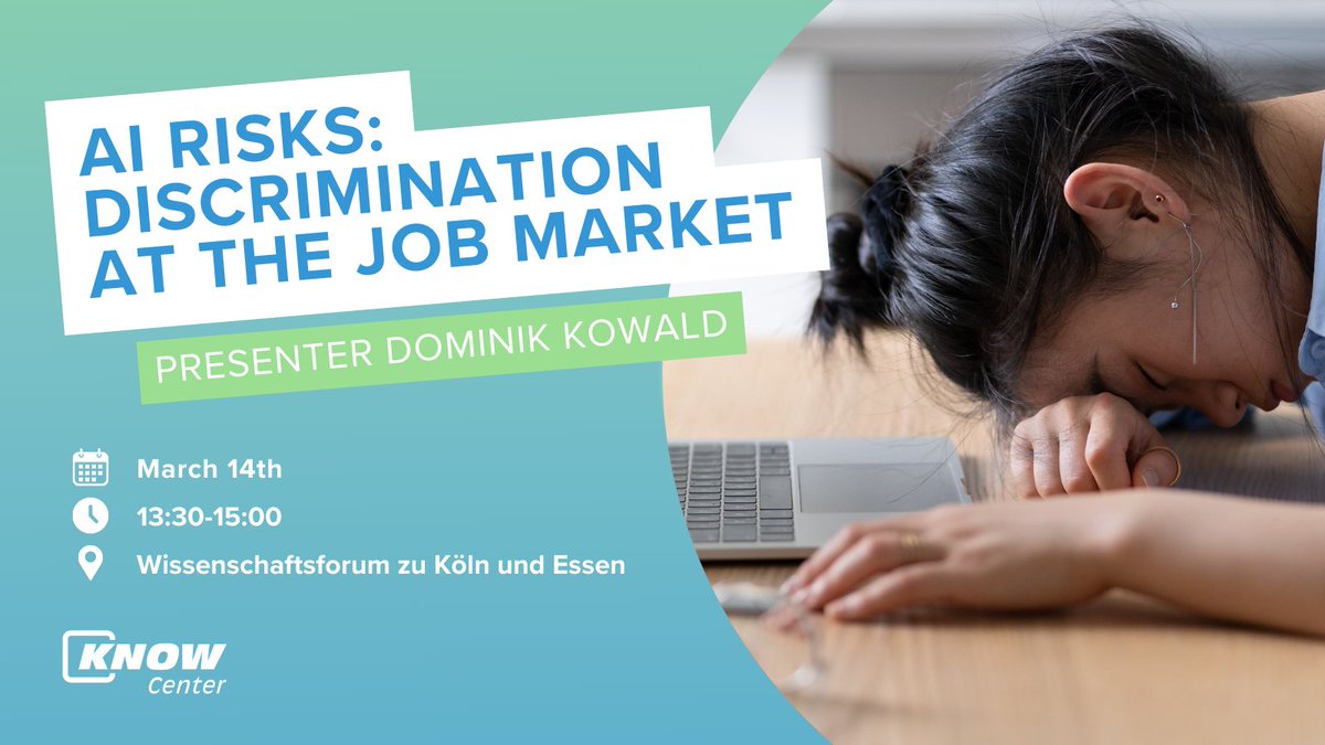 ⚡️AI can be discriminatory. Mitigating the risks is essential, especially when it comes to areas like the job market. This Thursday, @dkowald1 presents on this very topic at the @WissFo_K_E under the theme of 'Dangers of Discrimination under AI'. 🔗wissenschaftsforum.org/programm/works…