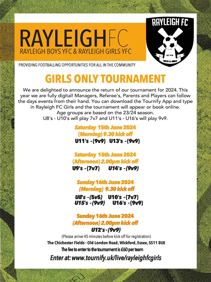 The tournament is starting to fill up nicely now. U12,13,14 we’re all full but we have added an additional 10 places to each. We have teams from Essex, Kent &amp; Sussex signed up so don’t miss out

tournify.uk/live/rayleighf…