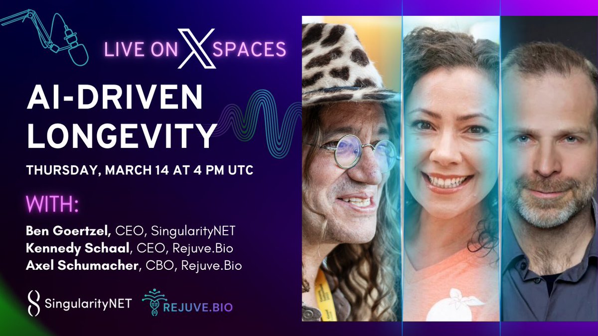 Tune into X Spaces this Thursday, March 14, at 4 PM UTC to explore @Rejuve_Bio and #AI-driven #longevity treatments and aging-related diseases, featuring Dr. @bengoertzel and Rejuve.Bio's @KennedyMSchaal & Dr. @methylogix. Set a reminder at x.com/i/spaces/1mnxe…